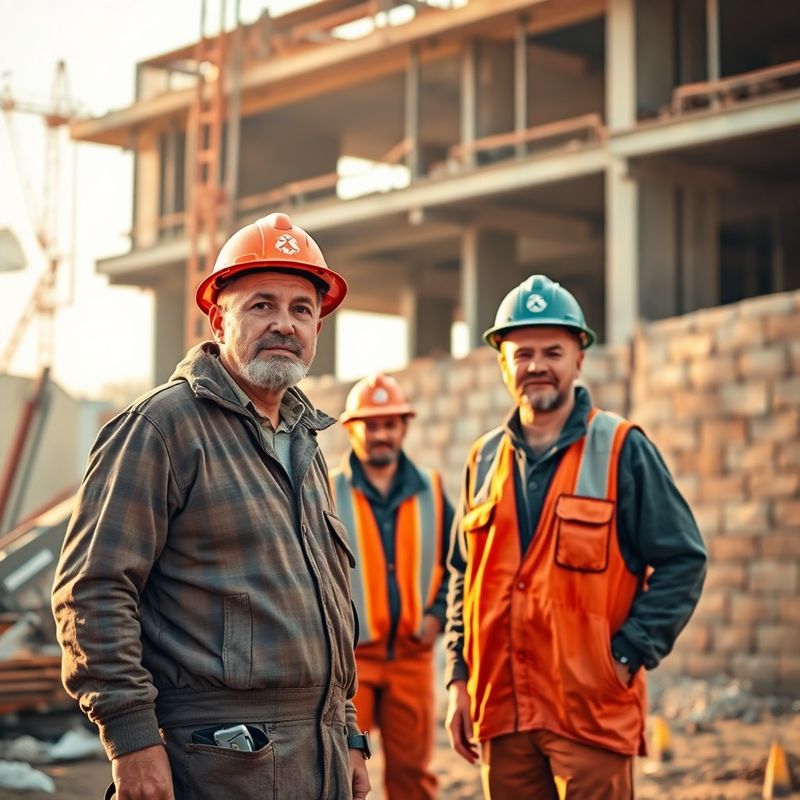 Muncitori români pe un șantier de construcții în lumina dimineții